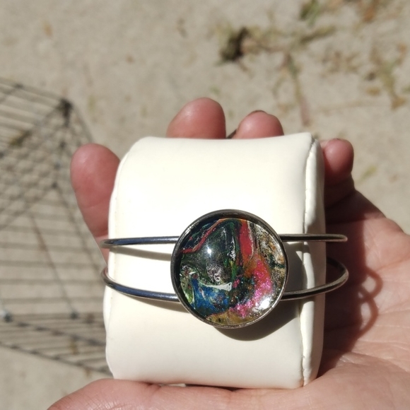 NWT Silver cuff bracelet with white, pink, gold, green, and black design - Picture 2 of 4